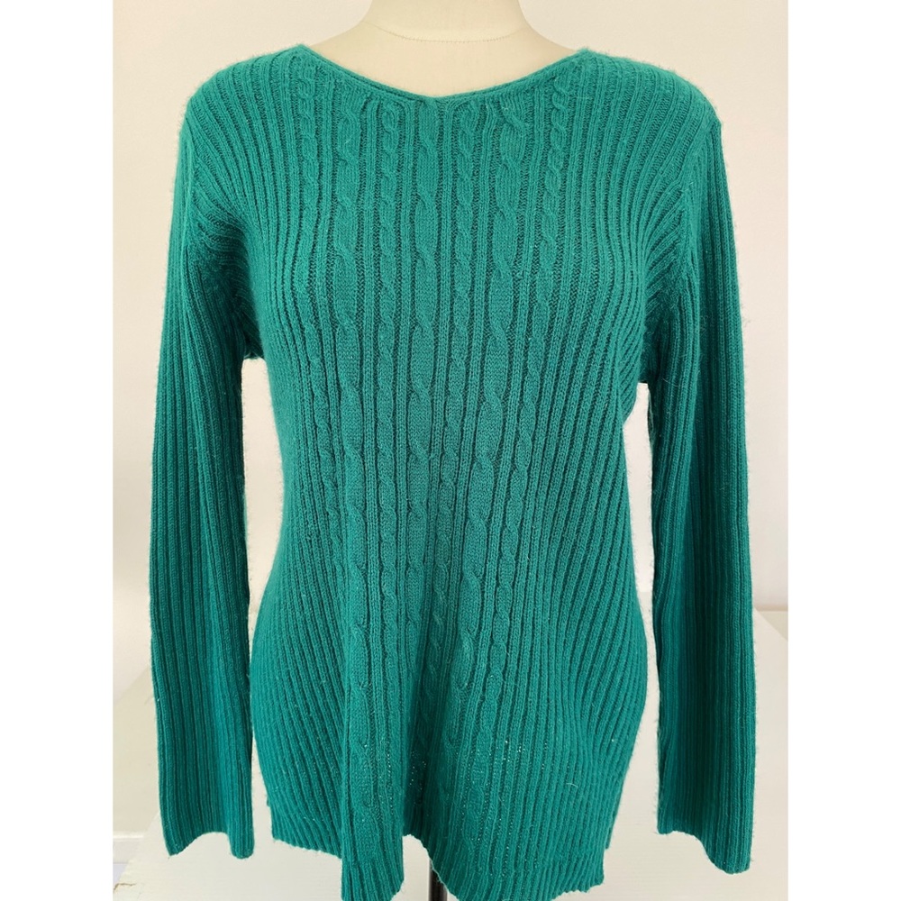 Chelsea Way Green Cable Knit Long Sleeve V-Neck Sweater Size Small